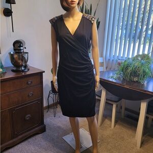 Cache Black Midi Dress with Embellished Shoulders